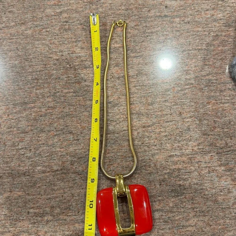 LANVIN Vintage 1970s Gold Plated and Red Pendant Keyhole Necklace w/ Snake Chain